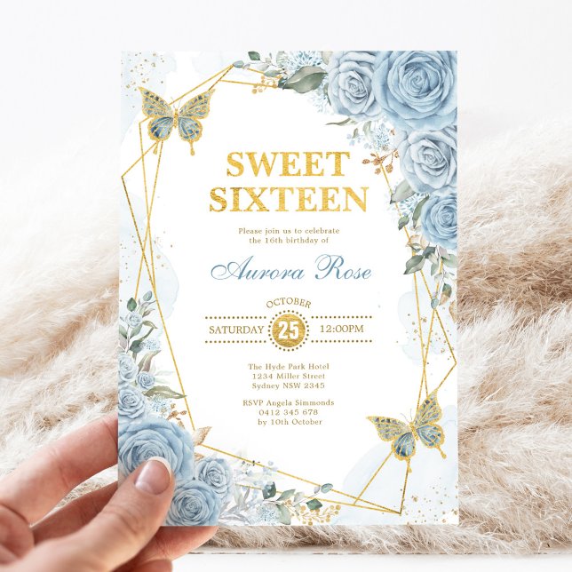 Baby blue Guld Sweet 16 Butterfly Geometric Ram Inbjudningar (Skapare uppladdad)