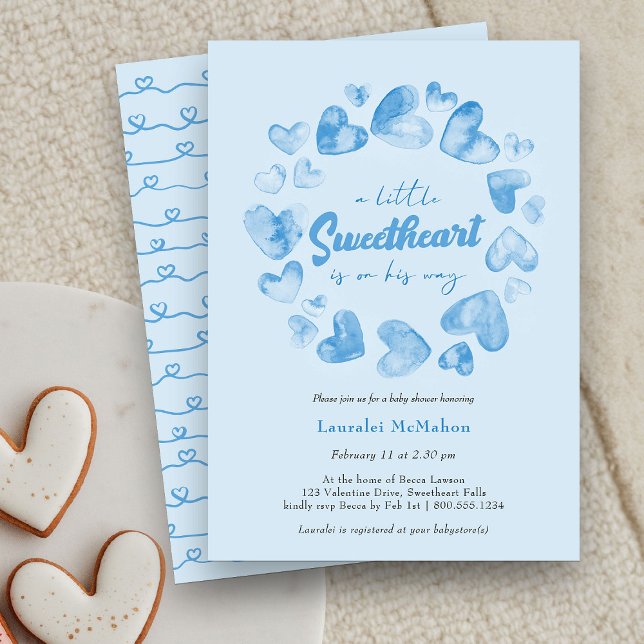 Baby Blue Heart Valentine Baby Shower Inbjudningar (Little Sweetheart is on his Way Baby Shower Invitation)