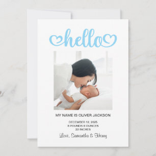 Baby Blue Hello Hearts Script Födelse Meddelande