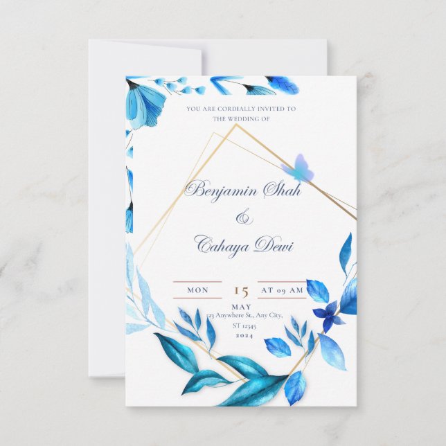 baby blue inbjudan till petal och vit enkel bröllo (Framsida)