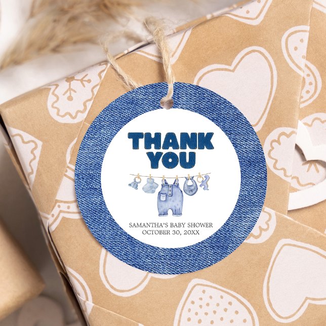 Baby blue Jean Baby Shower Round Gåvor Etiketter (Blue Jean Denim Baby Shower Favor Tags)
