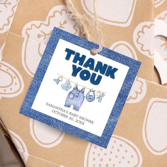 Baby blue Jean Baby Shower Square Gåvor Etiketter (Blue Jean Denim Baby Shower Favor Tags)