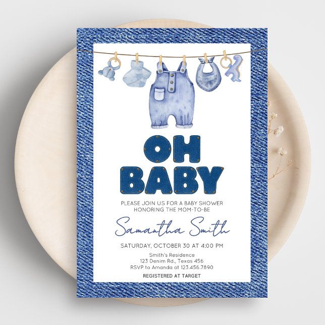 Baby blue Jean Denim Baby Shower Inbjudningar (Blue Jean Denim Baby Shower Invitation)