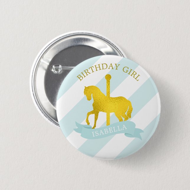 Baby blue karousel Horse "Birthday Girl" Knapp (Framsida & baksida)