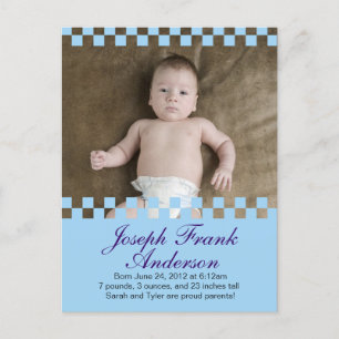 Baby blue kvadrater - födelsemeddelande vykort - c