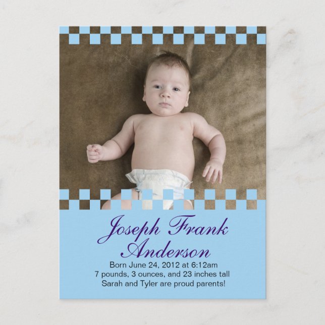 Baby blue kvadrater - födelsemeddelande vykort - c (Framsida)
