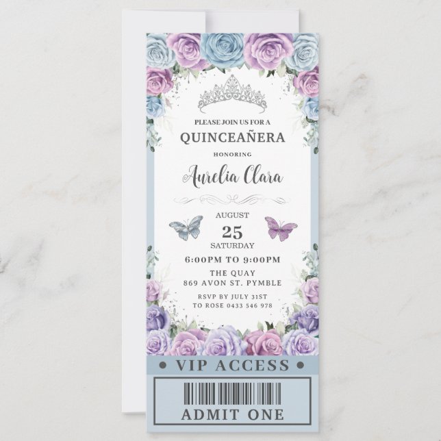 Baby blue Lila Blommigt Quinceañera 16 VIP Biljett Inbjudningar (Framsida)