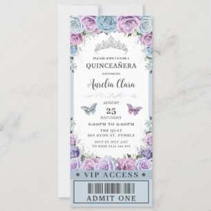 Baby blue Lila Blommigt Quinceañera 16 VIP Biljett Inbjudningar