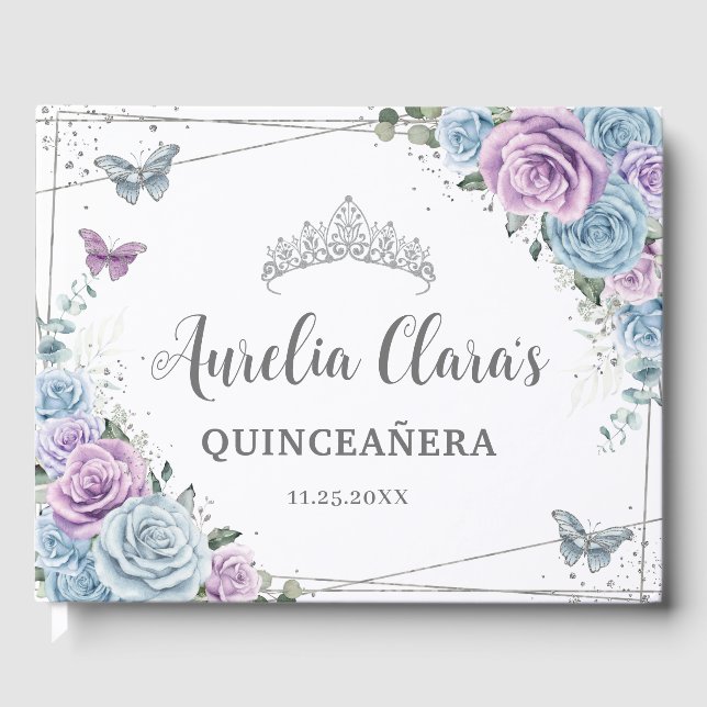 Baby blue Lila Lilac Blommigt Silver Quinceañera Gästböcker (Framsida)