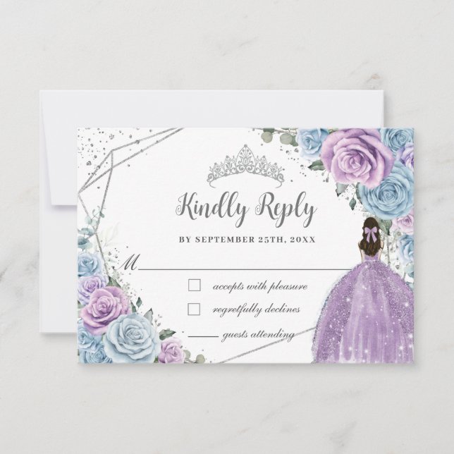 Baby blue Lila Lilac Blommigt Silver Quinceañera OSA Kort (Framsida)