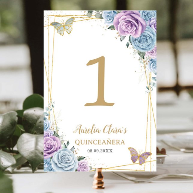 Baby blue Lilac Blommigt Guld Quinceañera Sweet 16 Bordsnummer (Skapare uppladdad)