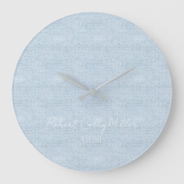 Baby blue Linen Fabric Full Name Date Nursery Stor Klocka (Framsida)