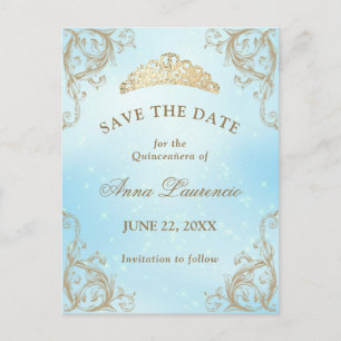 Baby Blue Ljus Guld Quinceanera Spara Datum Vykort