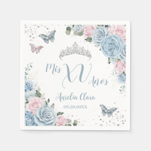 Baby Blue Ljus Rosa Blommig Fjäril Quinceañera Pappersservett