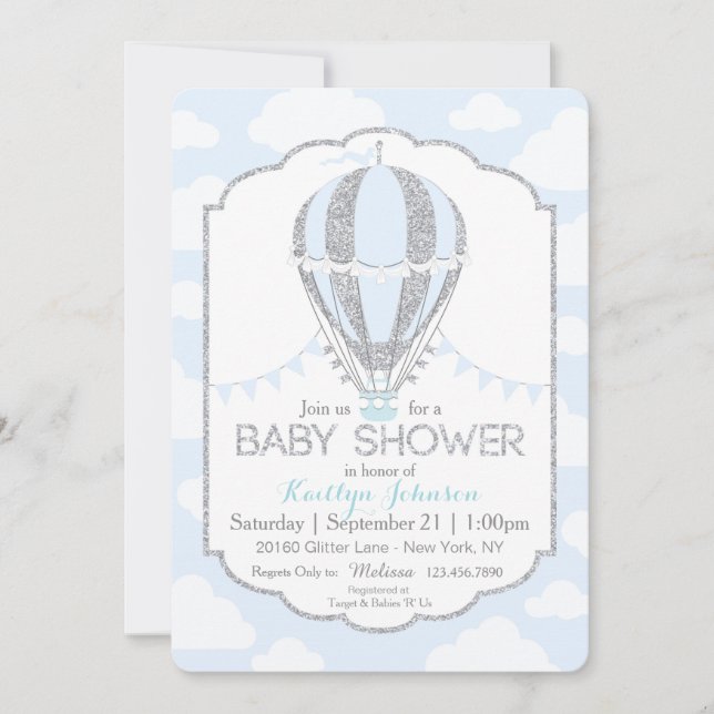 Baby blue Luftballong Boy Shower Inbjudningar (Framsida)