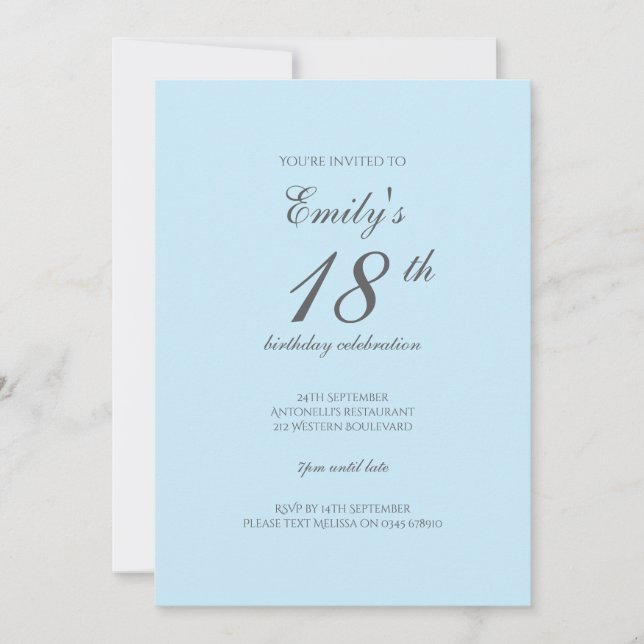 Baby Blue Minimalist 18th Birthday Invitation Inbjudningar (Framsida)