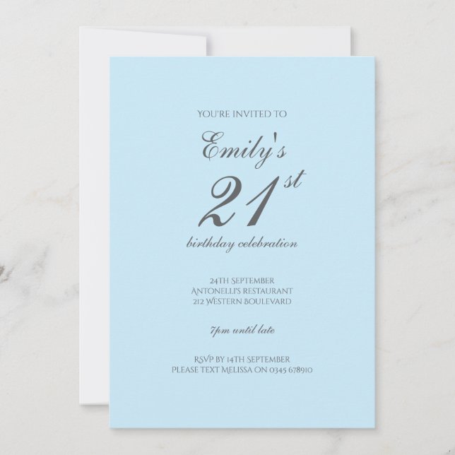Baby Blue Minimalist 21st Birthday Invitation Inbjudningar (Framsida)