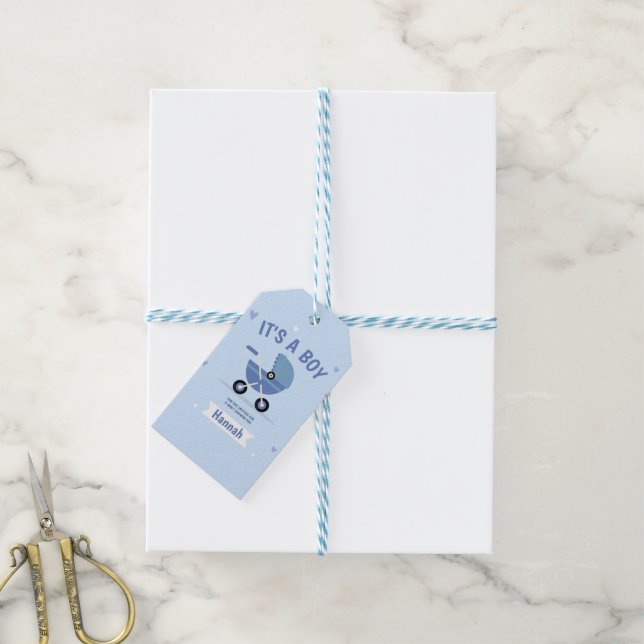 Baby blue, minimalistisk babyvisare presentetikett (Med Snöre)