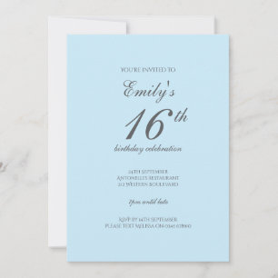 Baby blue, minimalistisk inbjudan på 16:e födelsed