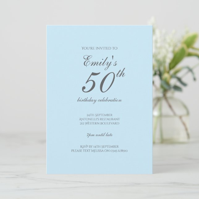 Baby blue, minimalistisk inbjudan på 50:e födelsed (Stående Fram)