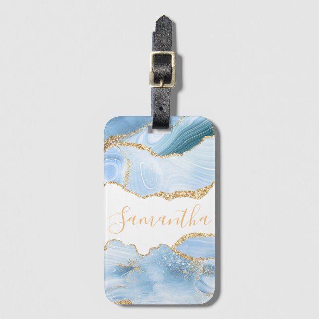 Baby Blue och Faux Guld Glitter Mermor Akate Bagagebricka (Framsida vertikal)