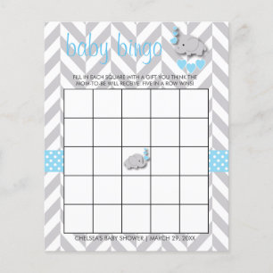 Baby blue och Grått Elephant Baby Shower - Bingo Flygblad
