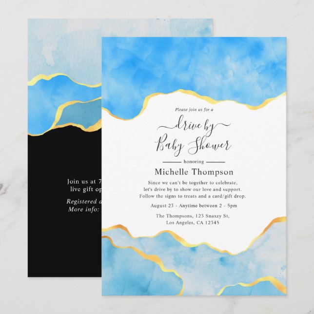 Baby Blue och guld Agate Drive By Shower Inbjudningar (Fram/baksida)
