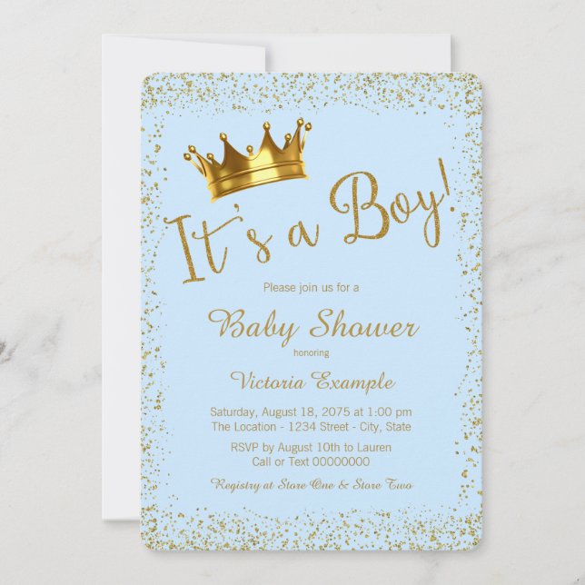 Baby Blue och Guld Baby Shower Inbjudningar (Framsida)