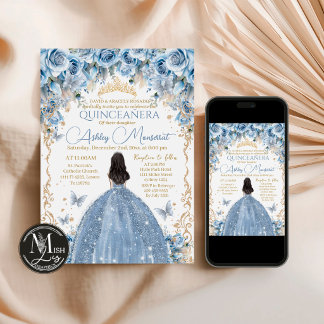 Baby Blue och Guld Blommig Krona Quinceañera Inbjudningar
