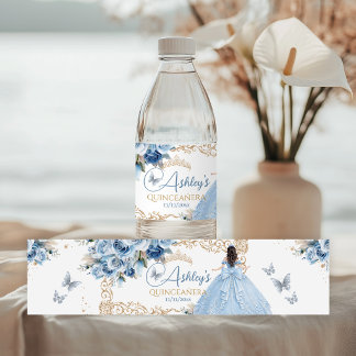Baby Blue och Guld Quinceañera Prinsessa Vattenfla Vattenflaskor Etikett