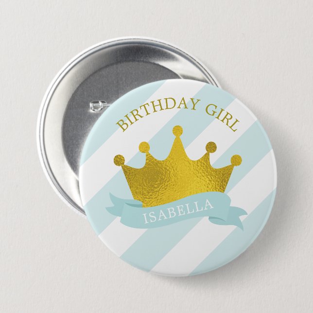 Baby blue och Guld Tiara "Birthday Girl" Knapp (Framsida & baksida)