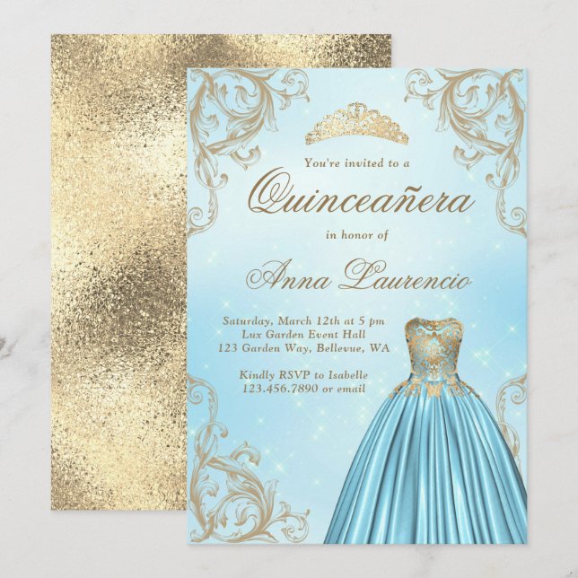 Baby blue och lätta Guld Quinceanera Inbjudningar (Fram/baksida)