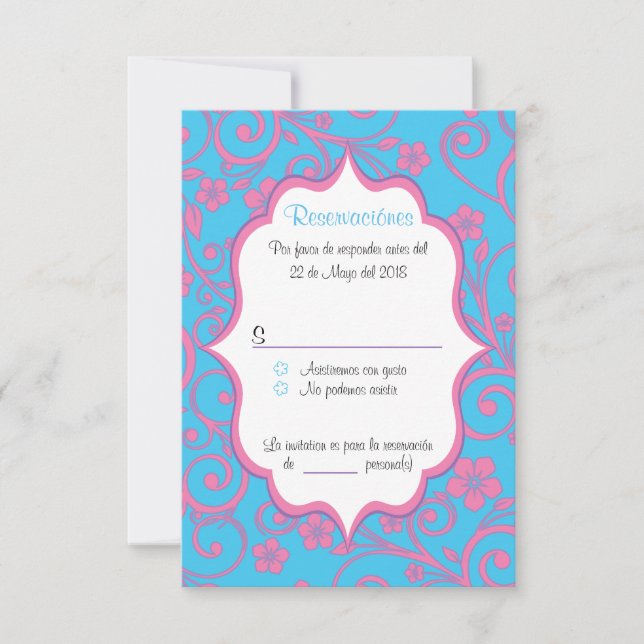 Baby blue och Ljusare rosa Quinceañera spansk OSA Inbjudningar (Framsida)