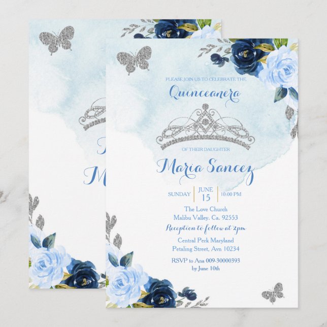 Baby blue och marin Butterfly Charra 15th Anos 3 Inbjudningar (Fram/baksida)