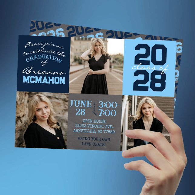 Baby blue och marin kalkboard 3-foto Studenten Inbjudningar (Baby Blue and Navy Chalkboard 3 Photo Graduation Invitations)