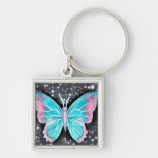 Baby blue och Rosa Butterfly Fyrkantig Silverfärgad Nyckelring