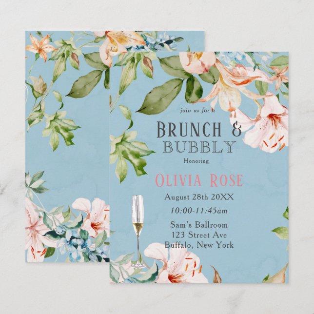 Baby blue och Rosa Lily Brunch & Bubbly-inbjudan Inbjudningar (Fram/baksida)