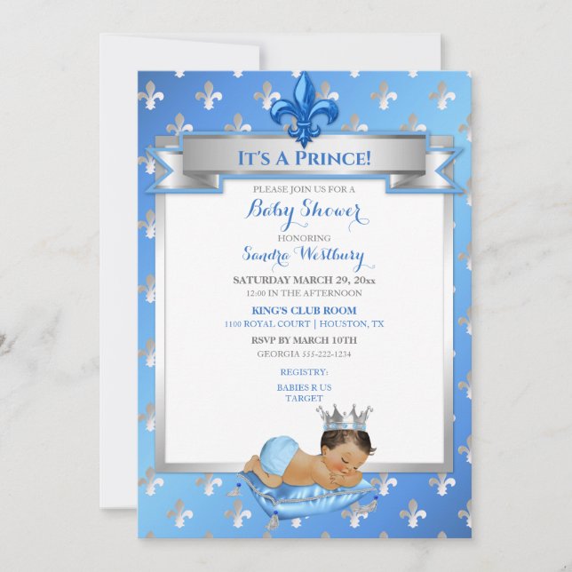 Baby blue och Silver Fleur de Lis Ethnic Prince Inbjudningar (Framsida)