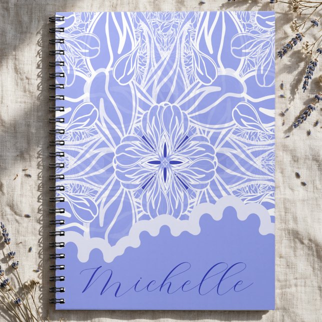 Baby Blue Och Vit Handritad Blommig Anteckningsbok (Blue flower leaf cream notebook. Michelle name area you can customize. Stylish & personal.)