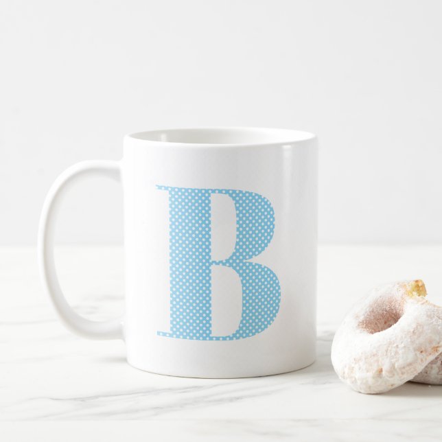 Baby blue och vit polka - punktmonogram kaffemugg (Med munk)