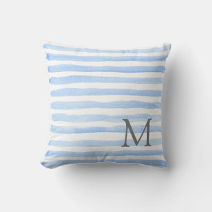 Baby blue och vit Rand Monogram Dekorativ kudde