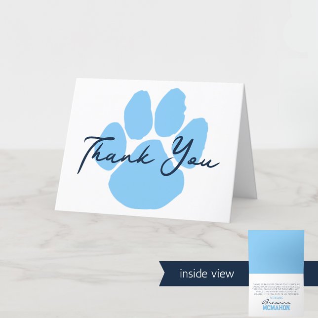 Baby blue och vit Studenten Tass Tack Kort (Baby Blue, Navy and White Pawprint Folding Thank You Cards)