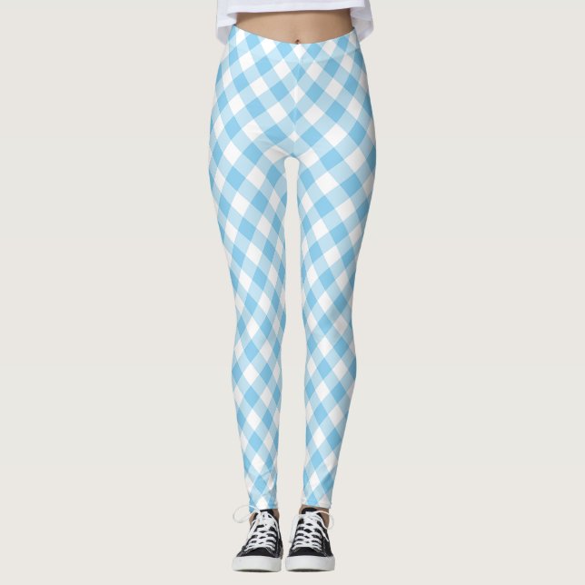 Baby blue och vita, medelstora Gingham-kontroller Leggings (Framsida)