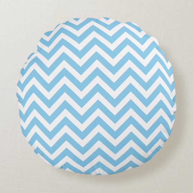 Baby blue och vita, medelStorleka Chevron Rand Rund Kudde (Framsidan)