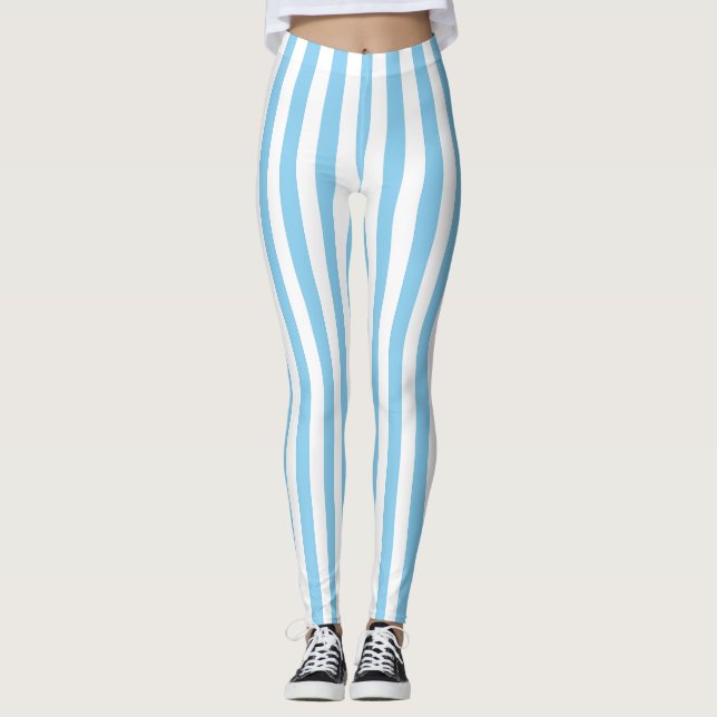 Baby blue och vita medelStorleka Lodrät Rand Leggings (Framsida)