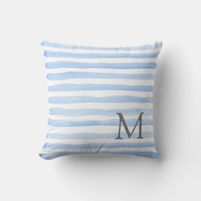 Baby blue och vita Rand Monogram Dekorativ kudde (Framsida)