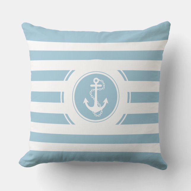 Baby blue och vita Rand Nautical Anchor Kudde (Framsida)