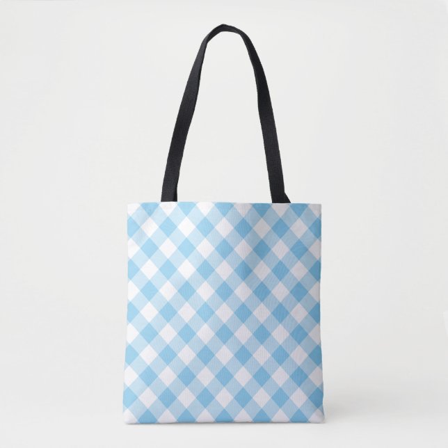 Baby blue och vita stora diagonala Gingham-kontrol Tygkasse (Framsida)