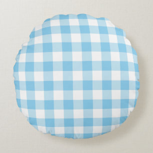 Baby blue och vita stora Storleka Gingham-kontroll Rund Kudde