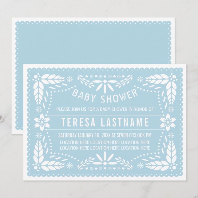 Baby blue papel picado Mexican pojke dusch Inbjudningar (Fram/baksida)
